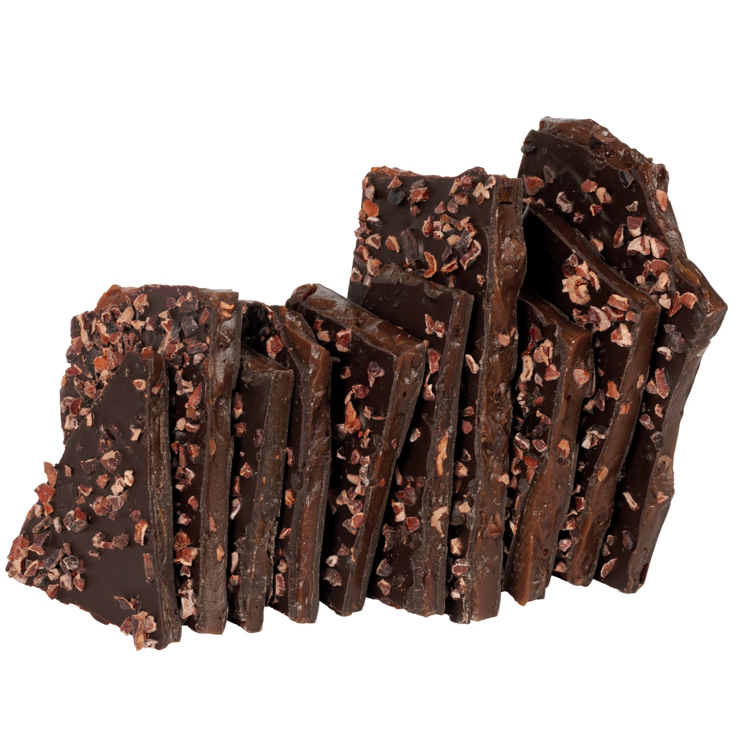 Close up of several pieces of nib brittle candy stacked.