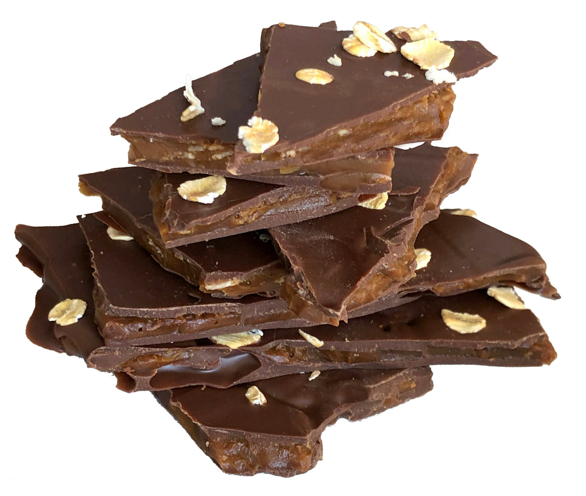 Close up of several pieces of oat brittle candy stacked.