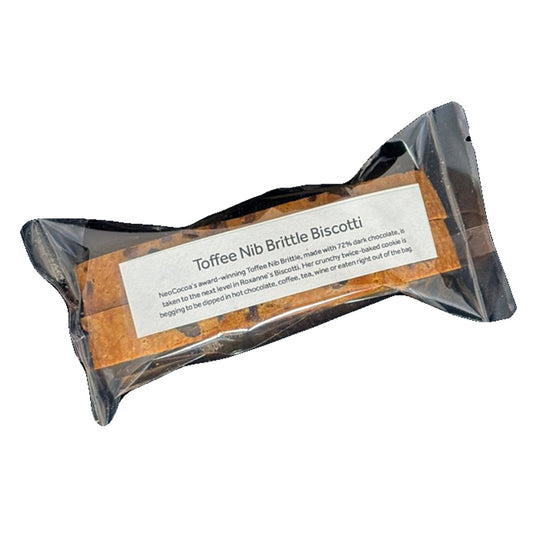 Packaged 2 piece Toffee Nib Brittle Biscotti with a label on a white background