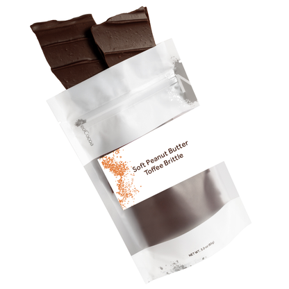 Pieces of brittle spilling out of packaging labeled 'Soft Peanut Butter Toffee Brittle' on a white background