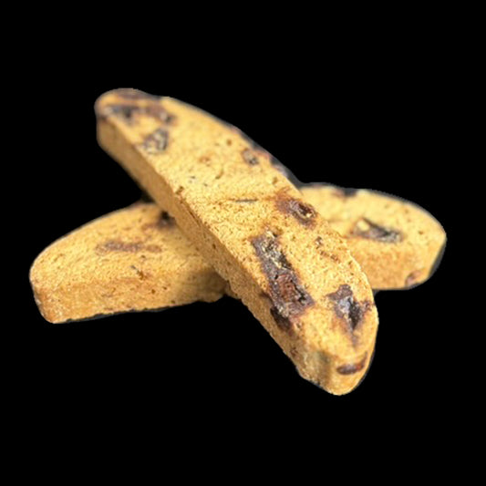 Two chocolate 2 pieces of toffee nib brittle biscotti criss-cross each other. The toffee bits can be seen inside the biscotti on a black background