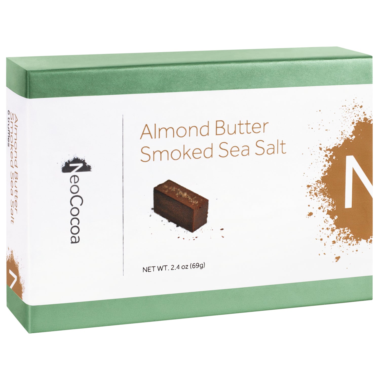 Closed 2 dimensional green rectangle box with a label wrapped around the center of the box stating, “Almond Butter Smoked Sea Salt” with NeoCocoa logo and net weight 2.4 oz (69g). With a single image of an Almond Butter truffle with a little bit of cocoa powder sprinkles. 