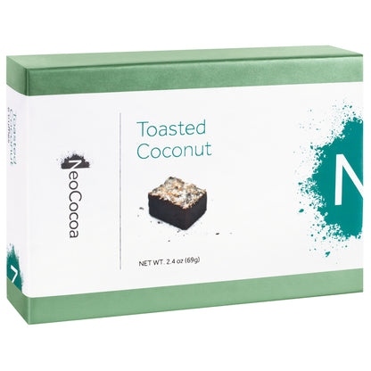 Closed 2 dimensional green rectangle box with a label wrapped around the center of the box stating, “Toasted Coconut” with NeoCocoa logo and net weight 2.4 oz (69g). With a single image of a coconut truffle with a little bit of cocoa powder sprinkles. 