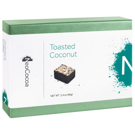 Closed 2 dimensional green rectangle box with a label wrapped around the center of the box stating, “Toasted Coconut” with NeoCocoa logo and net weight 2.4 oz (69g). With a single image of a coconut truffle with a little bit of cocoa powder sprinkles. 