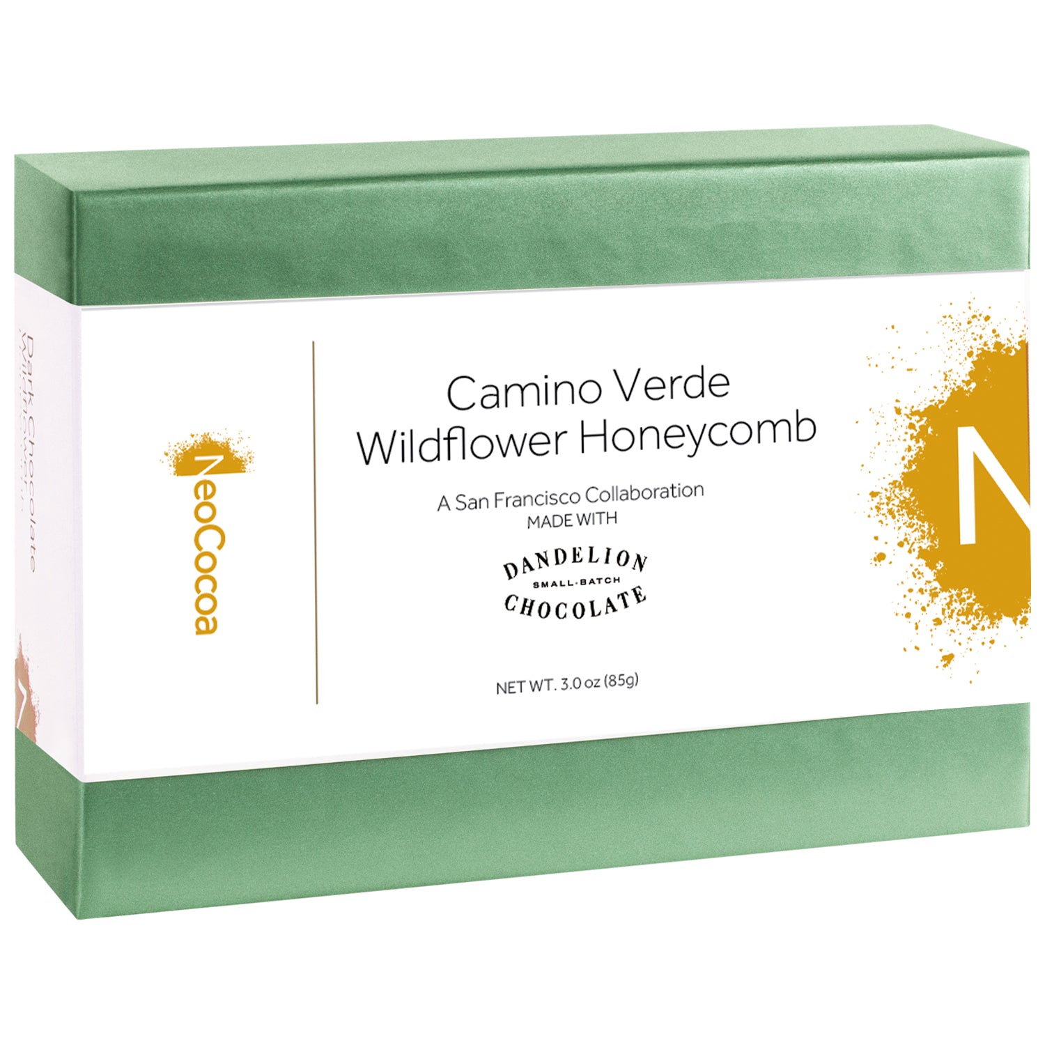 2 dimensional angle of closed 3oz green box with a white label wrapped through the center of the box titled "Camino Verde Wildflower Honeycomb" with golden colored NeoCocoa logo and net weight 3.0 (85g) 