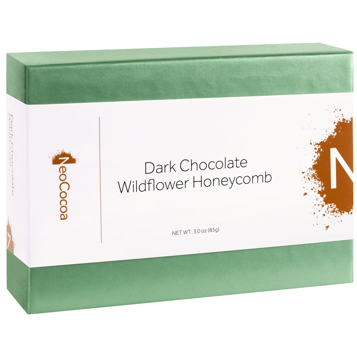 2 dimensional angle of closed 3oz green box with a white label wrapped through the center of the box titled "Dark Chocolate Wildflower Honeycomb" with golden colored NeoCocoa logo and net weight 3.0 (85g) 