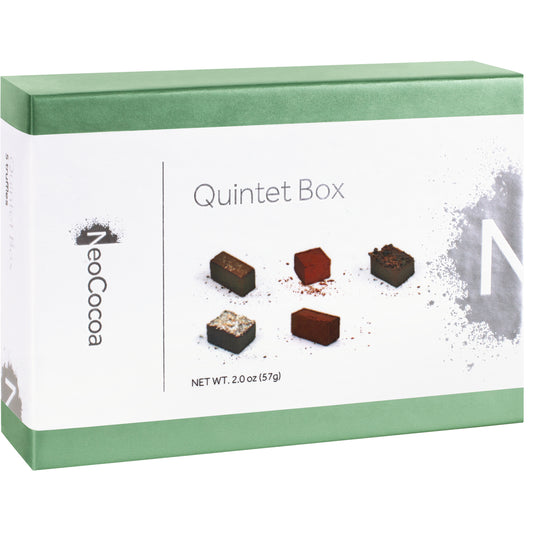 Closed 2 dimensional green rectangle box with a label wrapped around the center of the box stating, “Quintet Box” with NeoCocoa logo and net weight 2.0 oz (57g). With an image of each of the 5 truffles flavors found inside: Almond butter, Cacao Nib, Lime, Coconut and Mocha Cinnamon