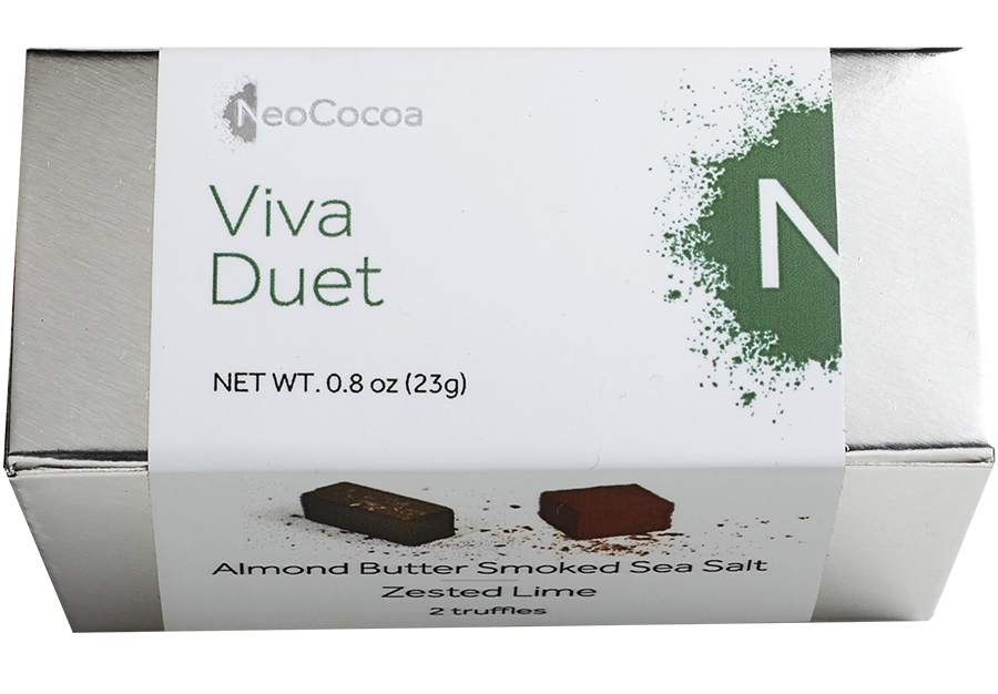 2 dimensional rectangle box with a label wrapped around the box stating, “Viva Duet” with NeoCocoa logo. Can see some of the side of the label with image of a almond butter truffle and a lime truffle.  